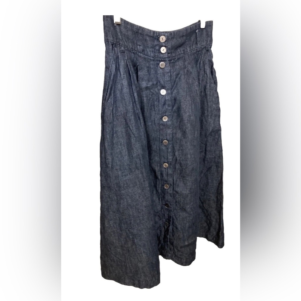 Denim Button-Front Midi Skirt - Dark Blue 100% Linen